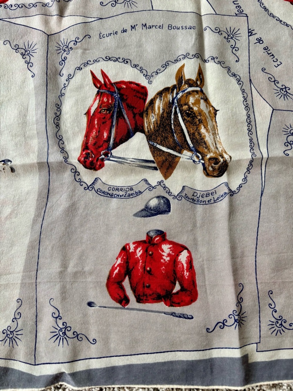 Women’s Equestrian Silk Scarf— Vintage B & G Creations Red & Brown Horse Racing